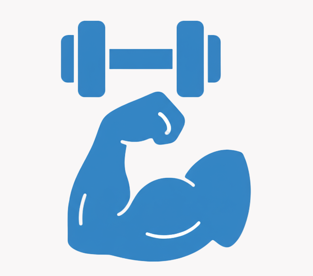 Blue icon of a flexed bicep with dumbbells above on a white background